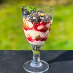 Layered Granola & Yogurt Pot with Raspberry Coulis