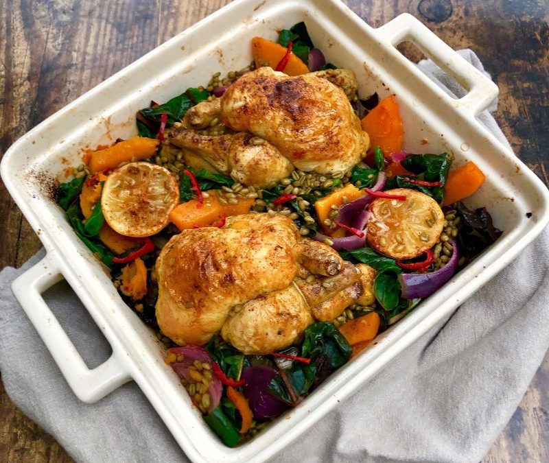 Roast Baharat Chicken, Freekeh and Squash