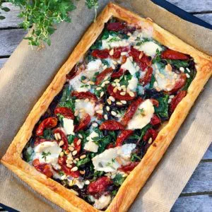 Spinach, Caramelised Onion, Smokey Tomato and Goats Cheese Tart